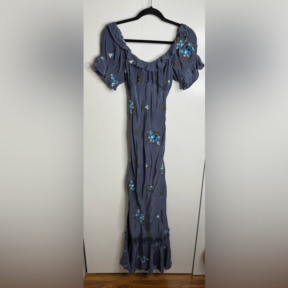 Free People Bali Santa Cruz Ruffle Floral Embroidery Blue Maxi Dress Medium NWT - Picture 3 of 9